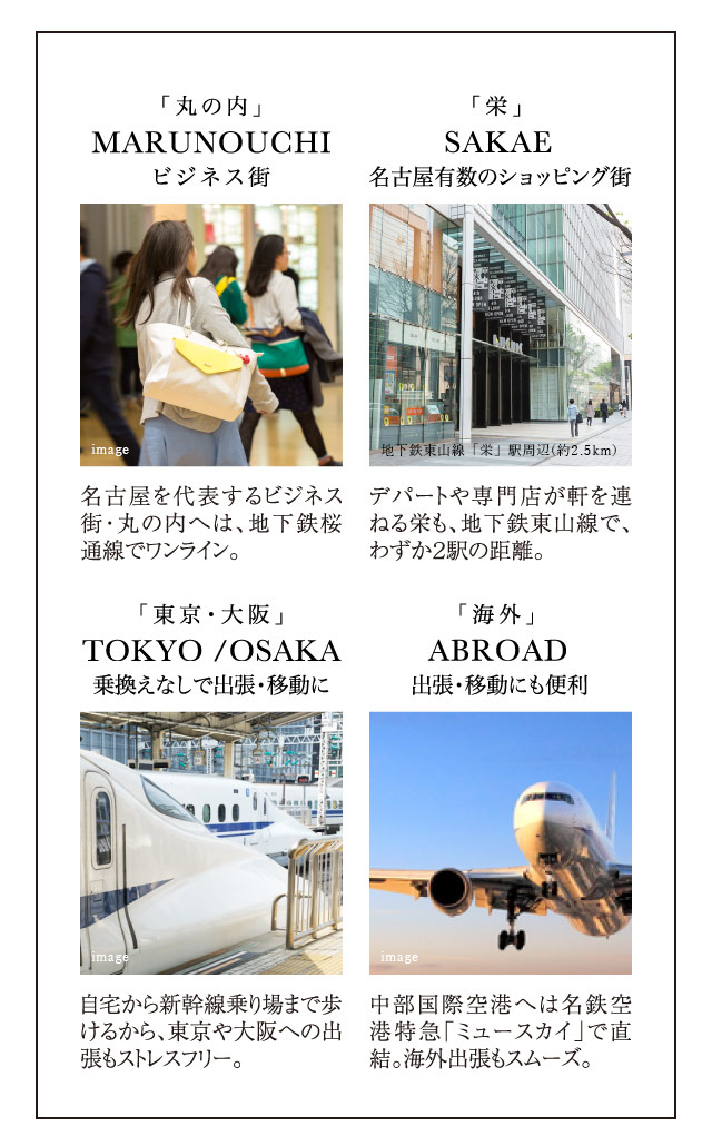 「丸の内」ビジネス街／「栄」名古屋有数のショッピング街／「東京・大阪」乗換えなしで出張・移動に／「海外」出張・移動にも便利