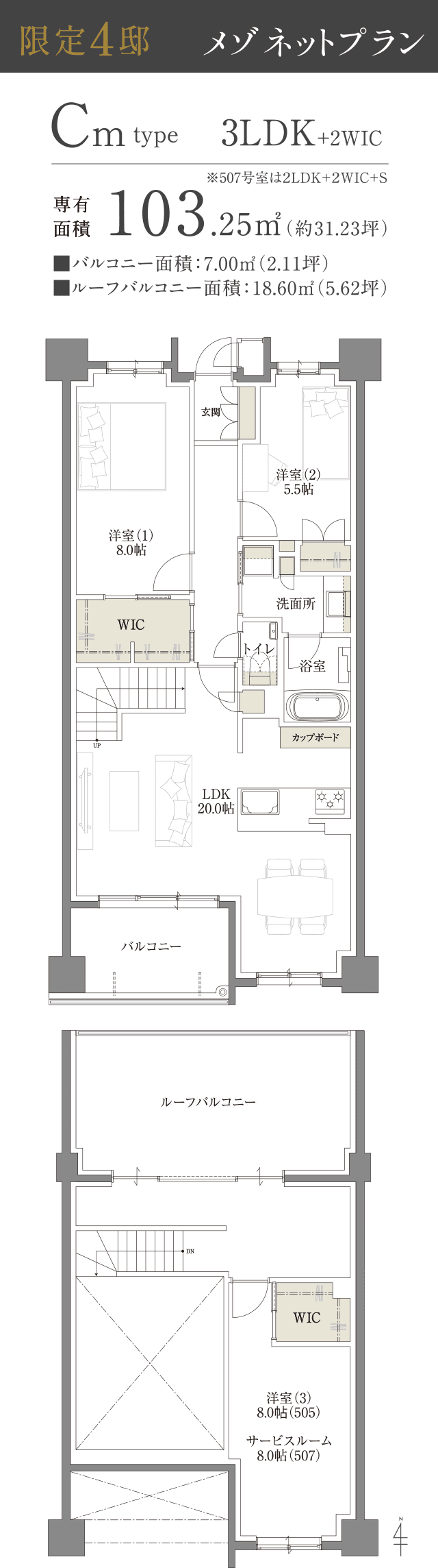 限定4邸メゾネットプラン Cmtype 3LDK+2WIC 専有面積103.25㎡（約31.23坪）